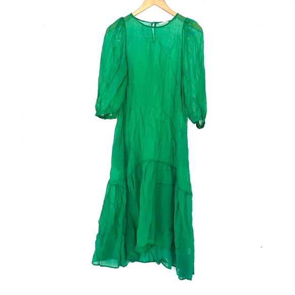 Ali Golden Peasant Dress Kelly Green Sheer Midi XS Sustainable Drop Waist - Picture 2 of 11